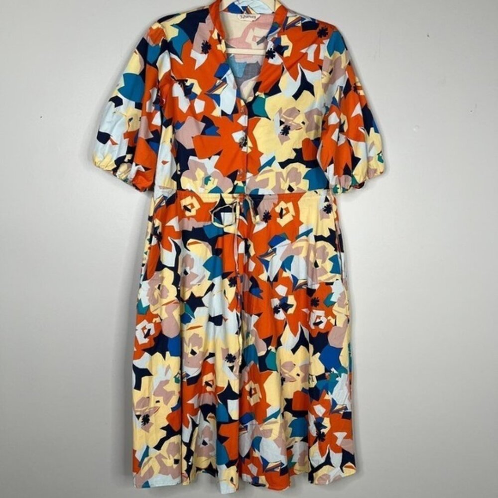 52seven Retro 50s Style Puff Sleeve Button Front Abstract Floral Print Dress